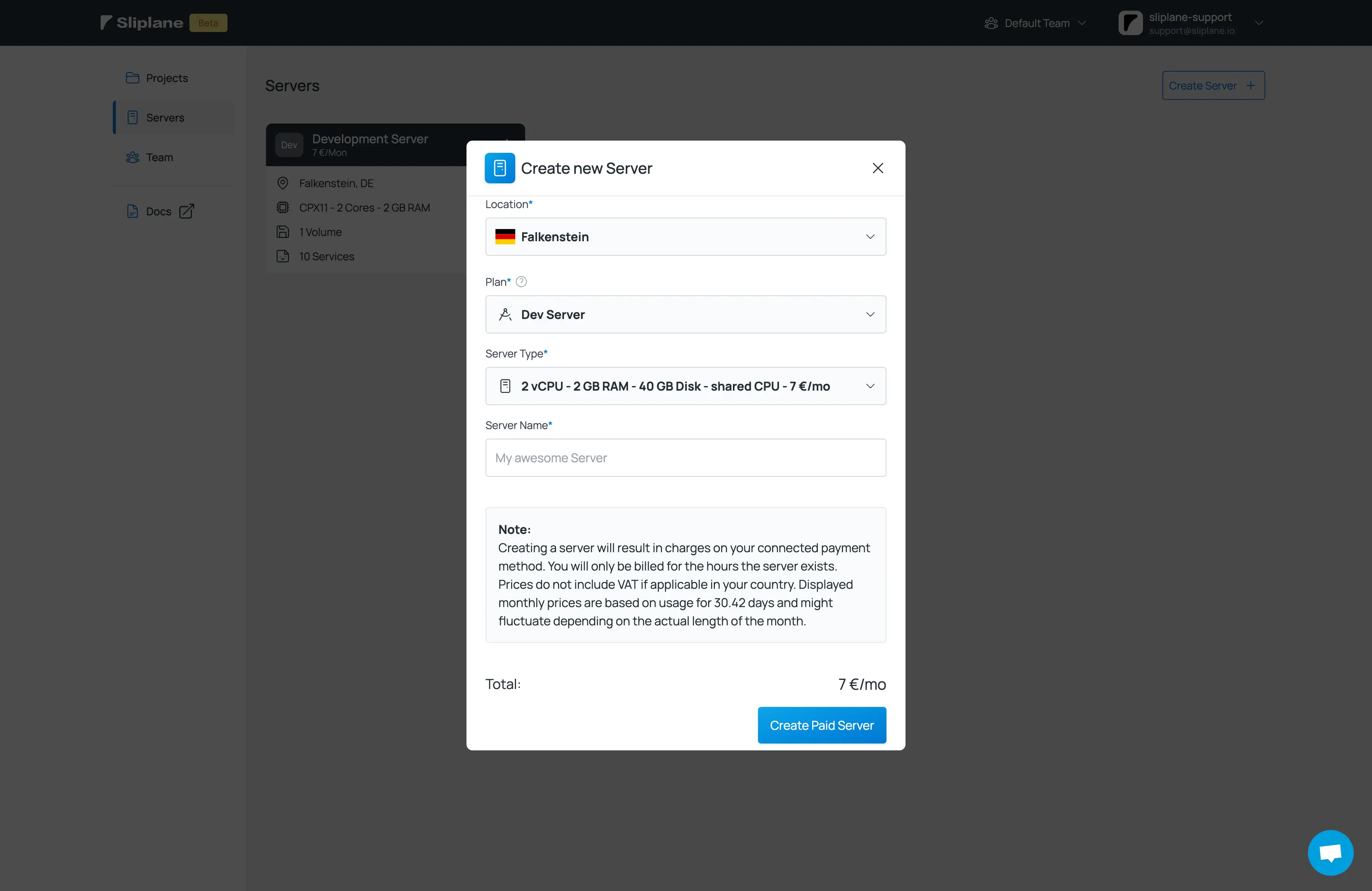 Sliplane App Screenshot of Create Server Dialog