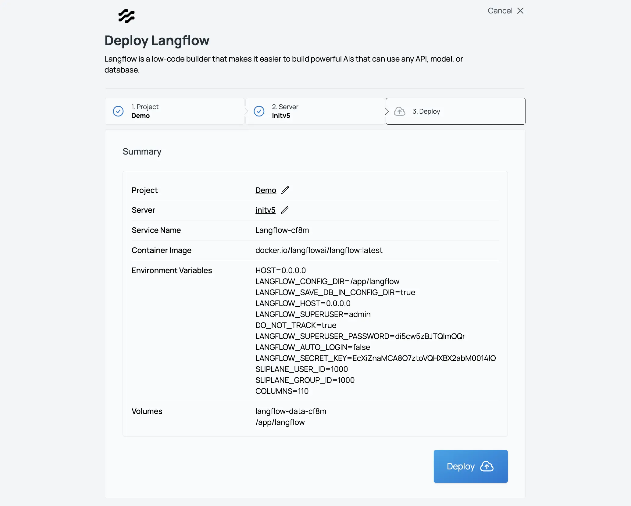 Sliplane App Screenshot Deploy Langflow