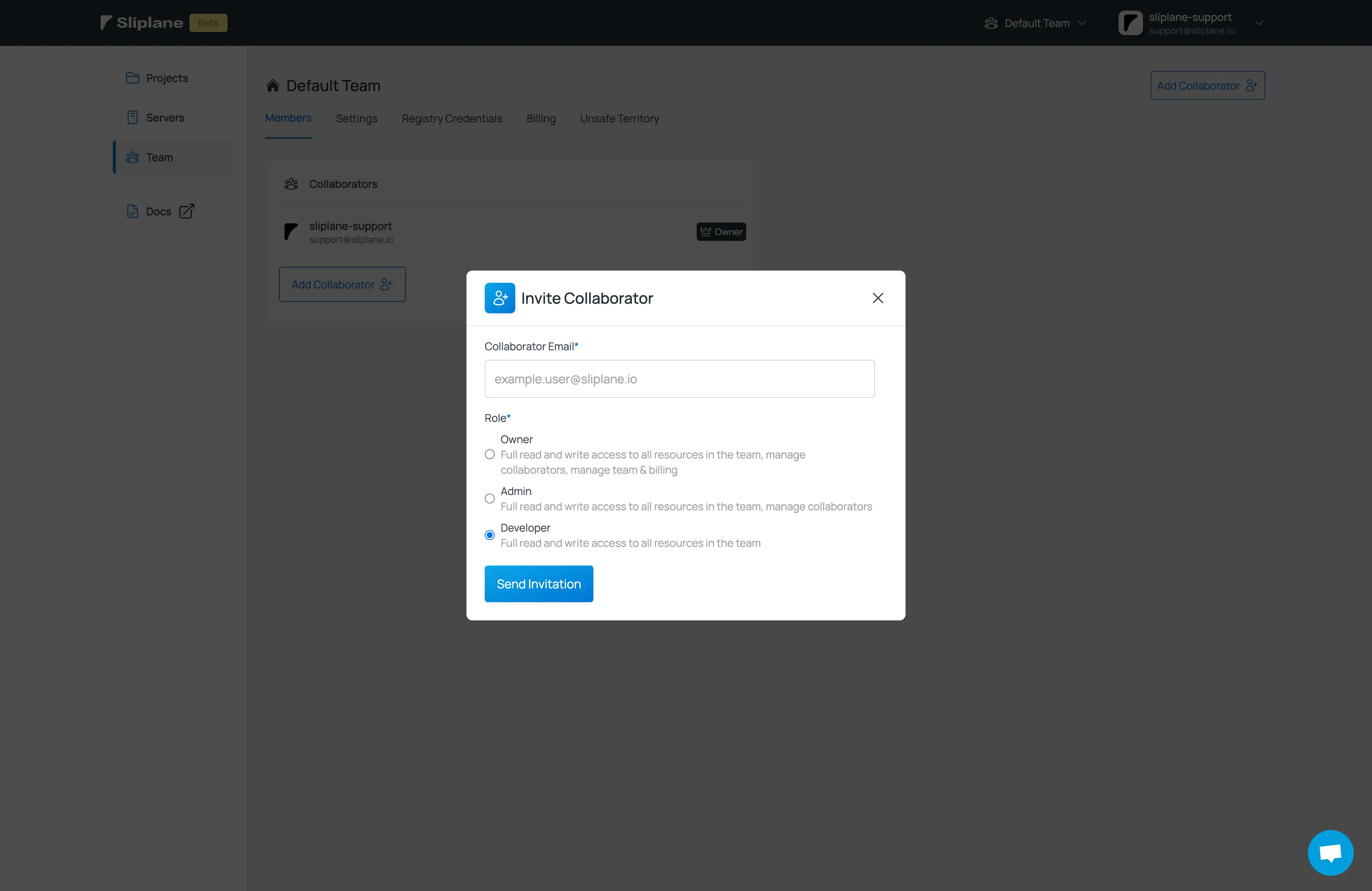 Sliplane App Screenshot of Invite Collaborator Dialog